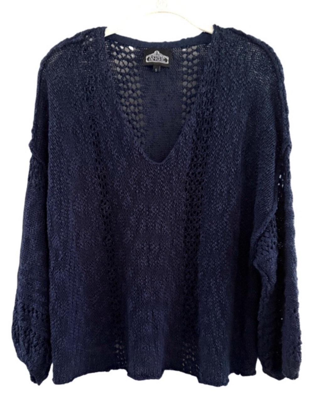Angie Oversized Pullover Sweater Cropped Loose Knit V-neck Navy Blue Size S
